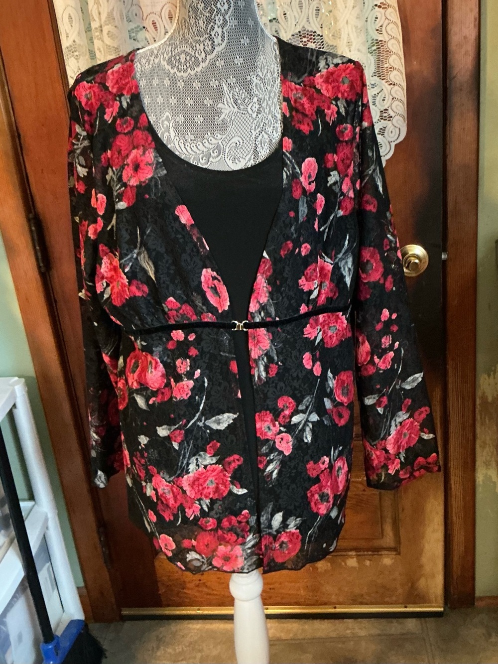 Studio Black Blazer with Red Floral Print and Slim Belt